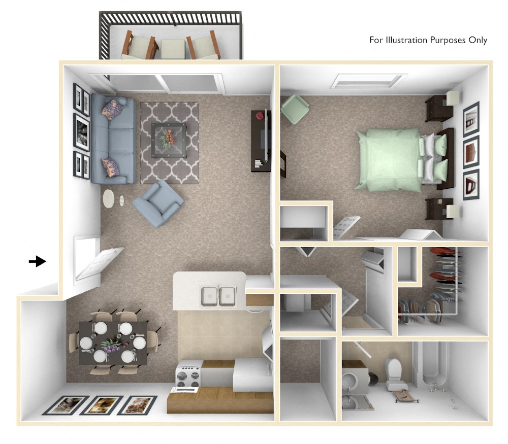 Floor plan for 1 bed, 1 bath, 680 sqft